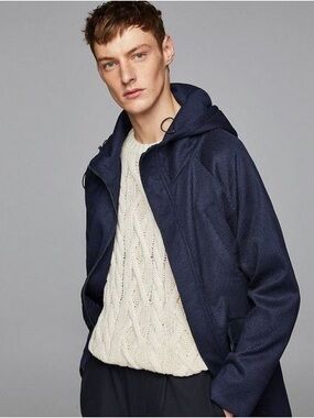 Zara Hooded Waffle Coat in Navy Blue